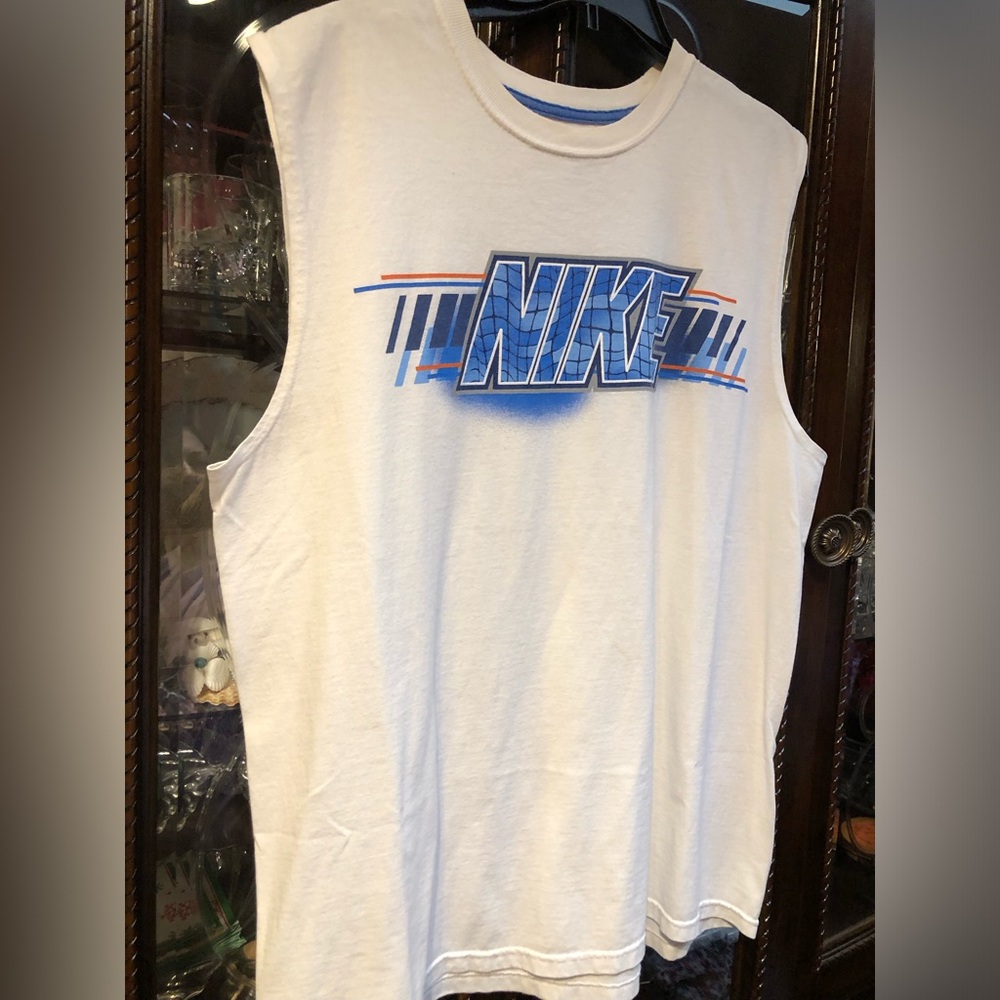 Nike White T-Shirt with Blue Neck Trim and Blue and orange trim Nike Logo - Picture 6 of 10